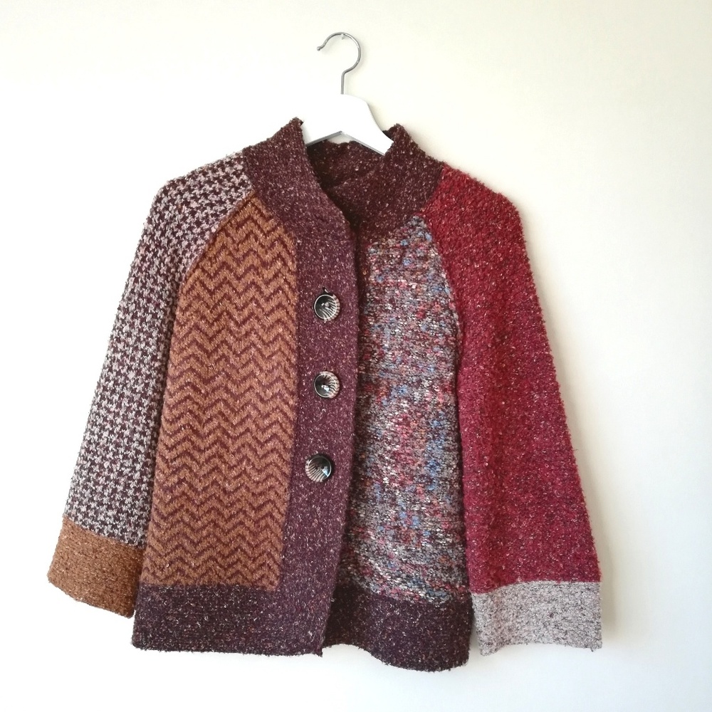 Anthropologie Patchwork Knit Sweater Jacket in Burgundy, Rust, Taupe